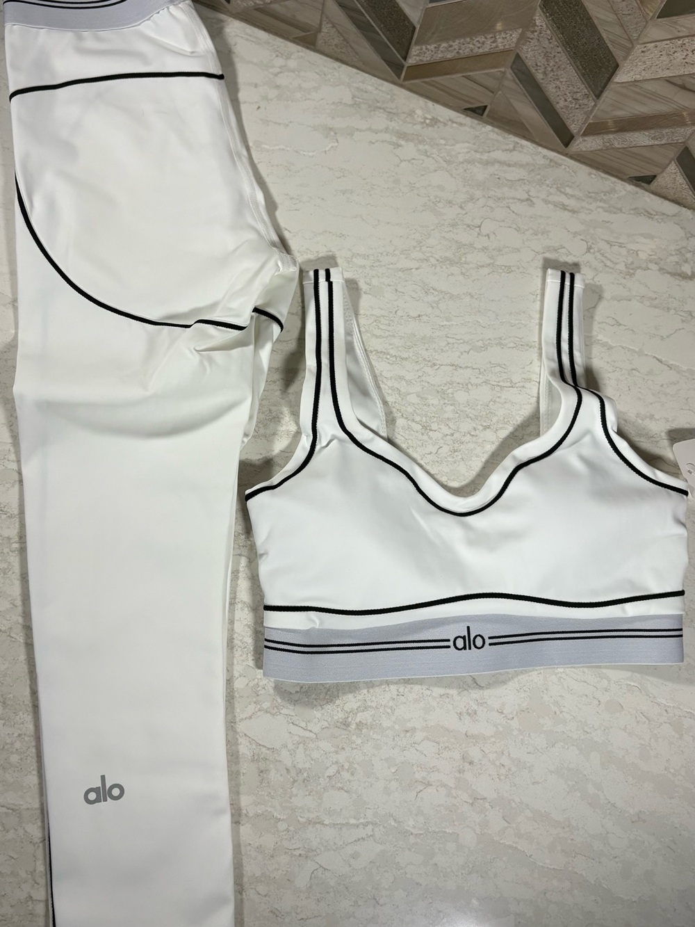 ALO Yoga White Sports bra  and Leggings Set with Black Piping